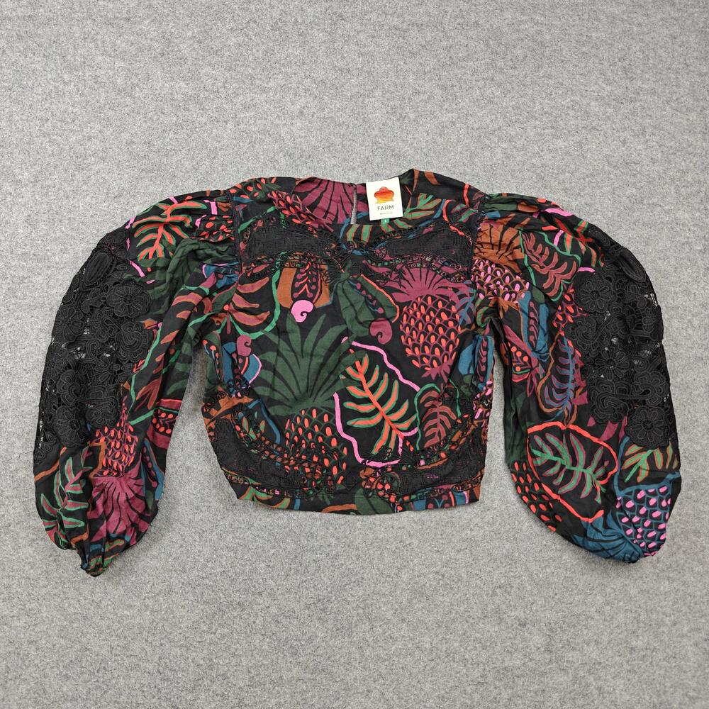 Farm Rio Blouse Womens Small Black Cropped Balloon Sleeve Crochet Floral Top